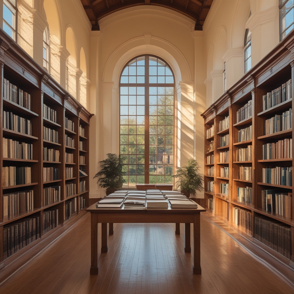 Sunlit reading room in a scholarly institution with tall wooden bookshelves, large arched windows casting warm afternoon light across a central oak table with open research volumes, calm academic atmosphere