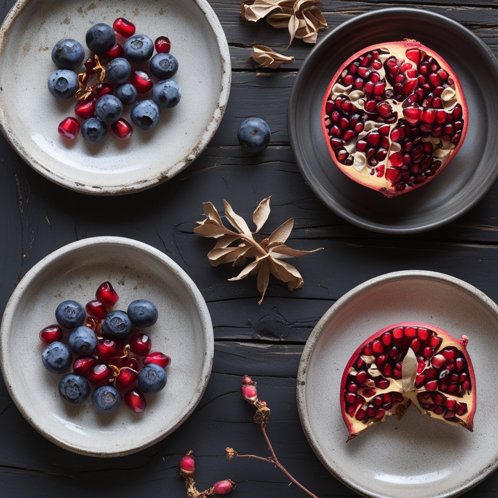 Deep red and purple berries, pomegranate seeds, and dried botanicals arranged on aged white ceramic plates against a dark wooden background, photographed from above