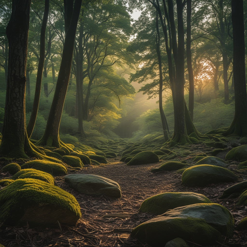 Dense ancient forest with dappled morning light filtering through tall trees, moss-covered stones in the foreground, rich green and earthy tones creating a sense of natural depth and timelessness